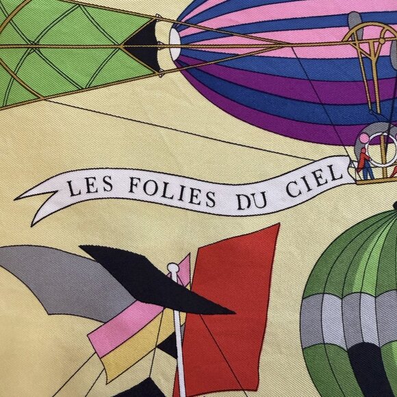 HERMES Vintage Les Folies du Ciel Yellow 90 cm Silk Square Scarf Box Good RARE - Picture 4 of 16
